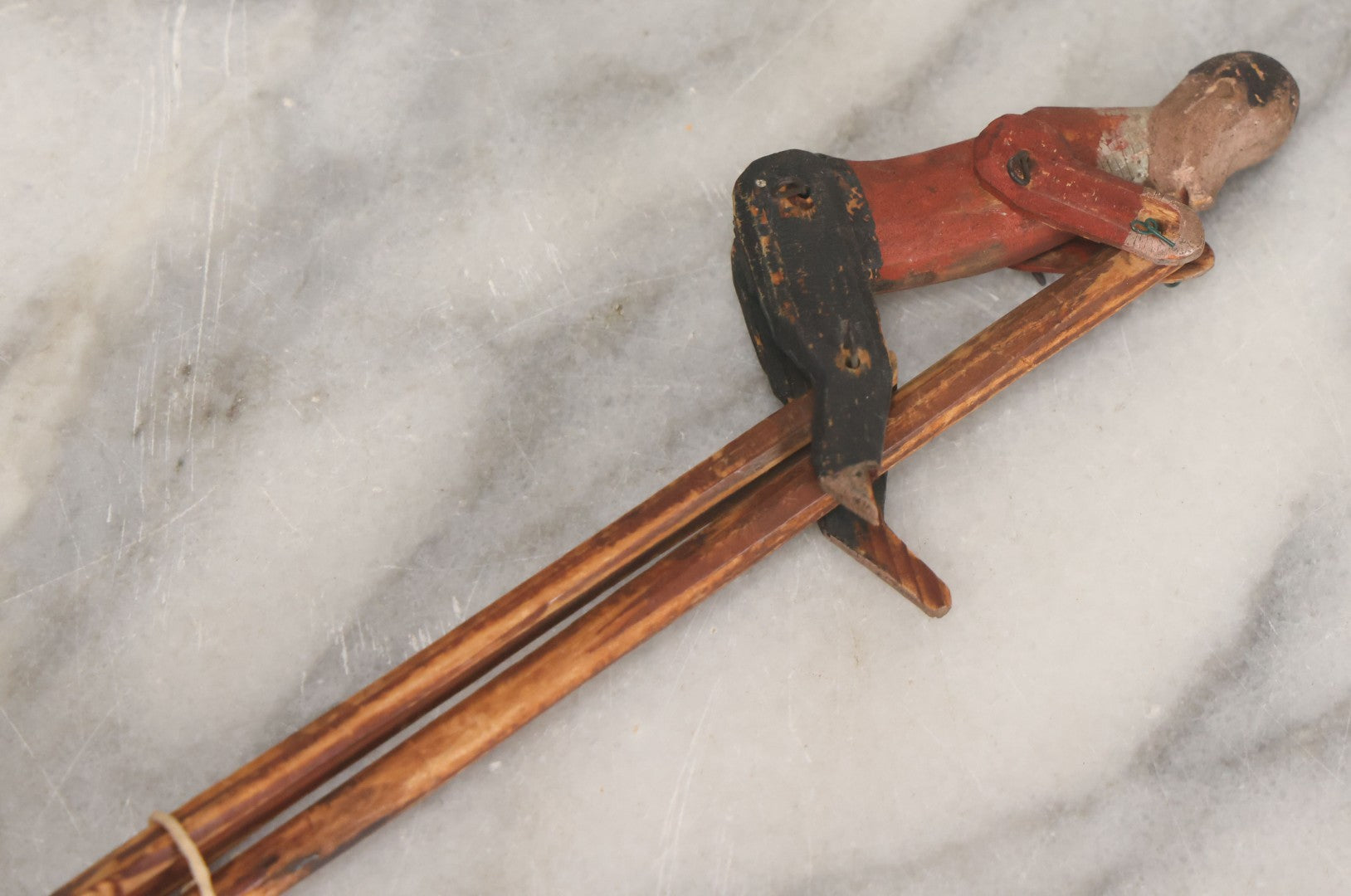 Lot 064 - Antique Folk Art Hand Carved Wood Animated Acrobat Toy With Jointed Limbs, Original Paint