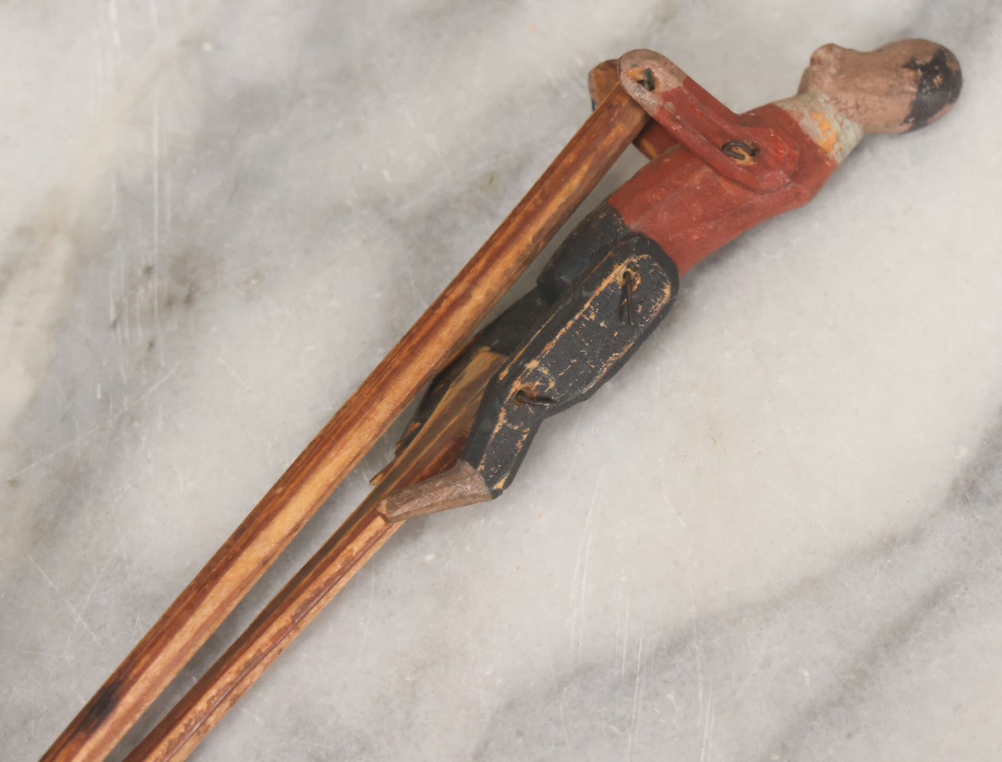 Lot 064 - Antique Folk Art Hand Carved Wood Animated Acrobat Toy With Jointed Limbs, Original Paint