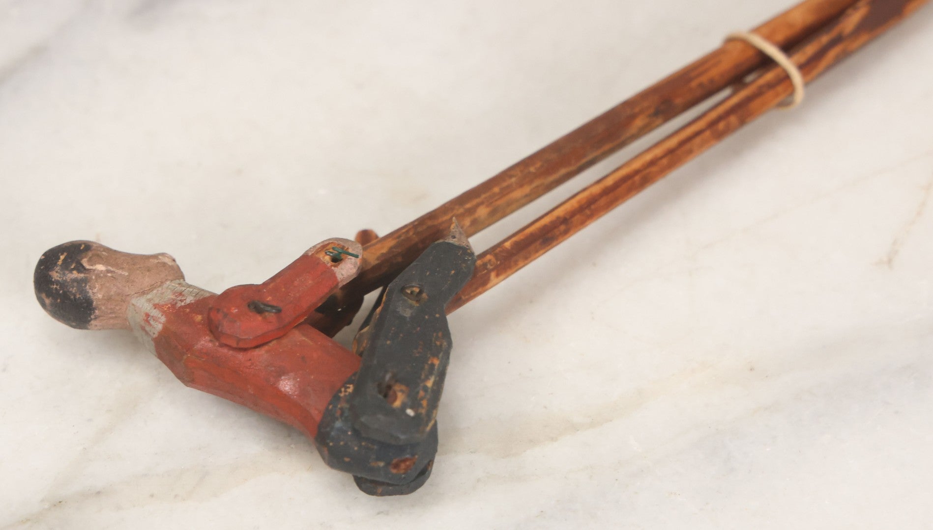 Lot 064 - Antique Folk Art Hand Carved Wood Animated Acrobat Toy With Jointed Limbs, Original Paint