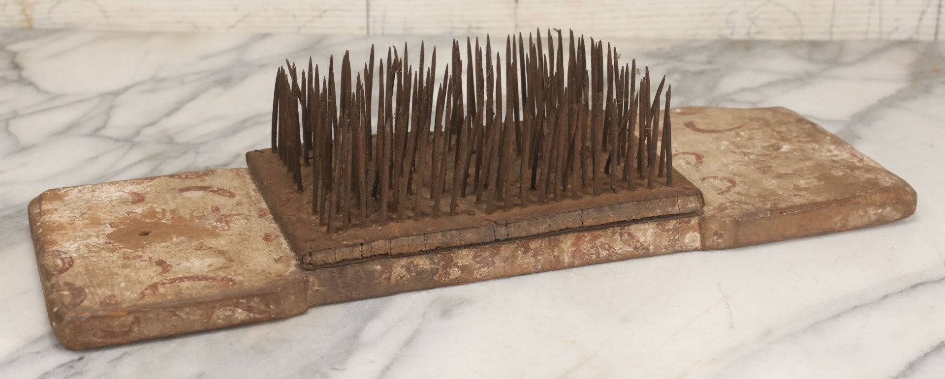 Lot 065 - Antique Primitive Hechel, Flax Processing Comb, With Sharp Tines, Folk Painted Surface, Base 15-3/8" x 5-1/4"