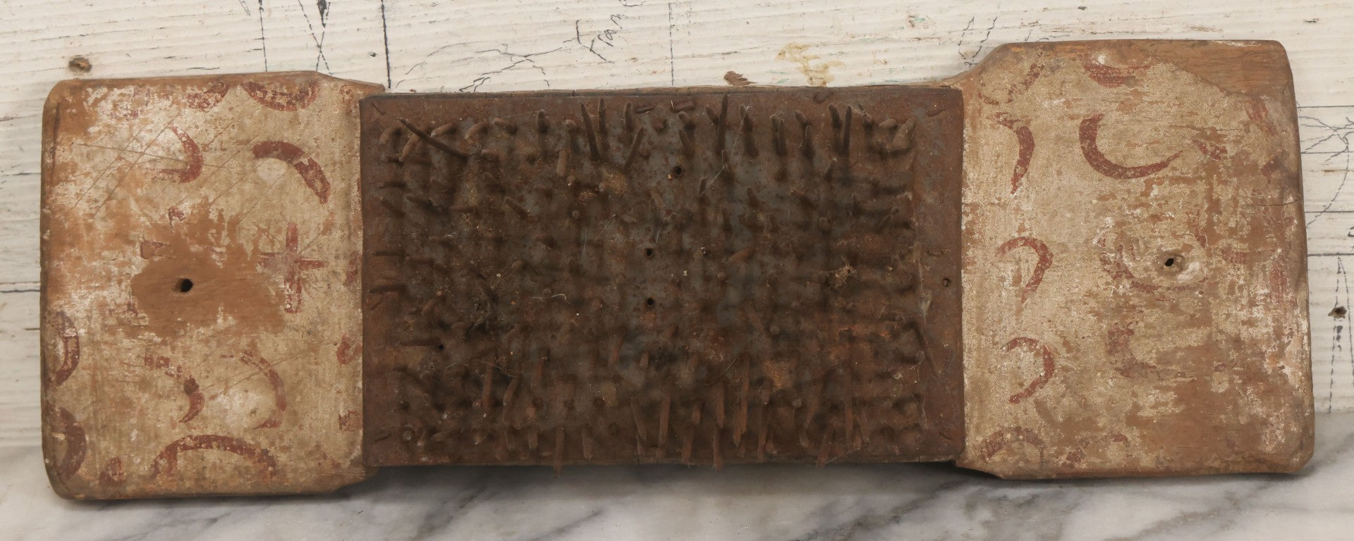 Lot 065 - Antique Primitive Hechel, Flax Processing Comb, With Sharp Tines, Folk Painted Surface, Base 15-3/8" x 5-1/4"