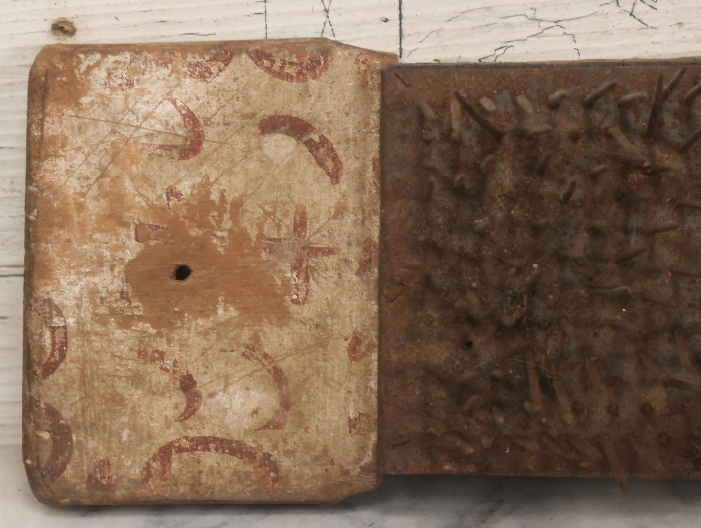 Lot 065 - Antique Primitive Hechel, Flax Processing Comb, With Sharp Tines, Folk Painted Surface, Base 15-3/8" x 5-1/4"