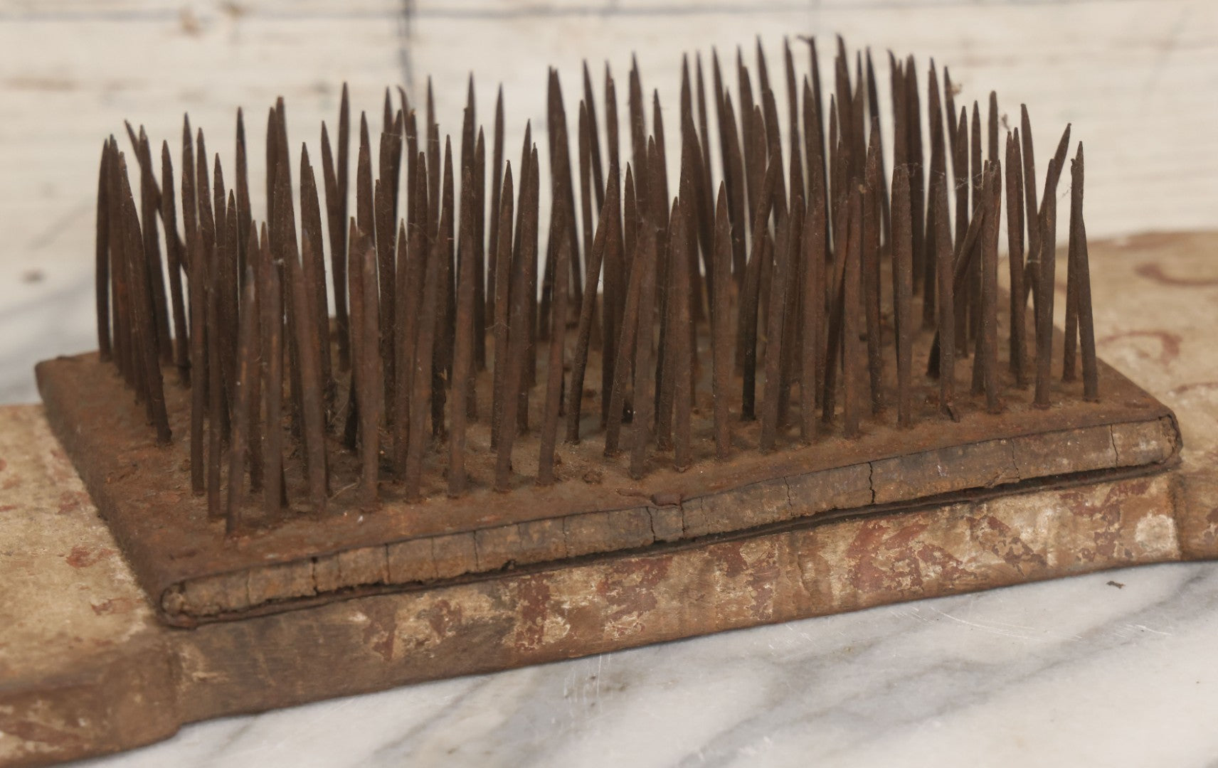Lot 065 - Antique Primitive Hechel, Flax Processing Comb, With Sharp Tines, Folk Painted Surface, Base 15-3/8" x 5-1/4"