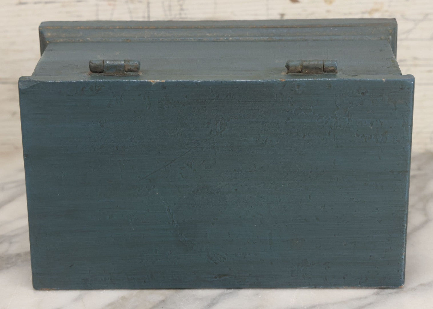 Lot 066 - Antique Small Size Primitive Wooden Storage Box In Old Blue Paint With Hinged Lid, Original Surface