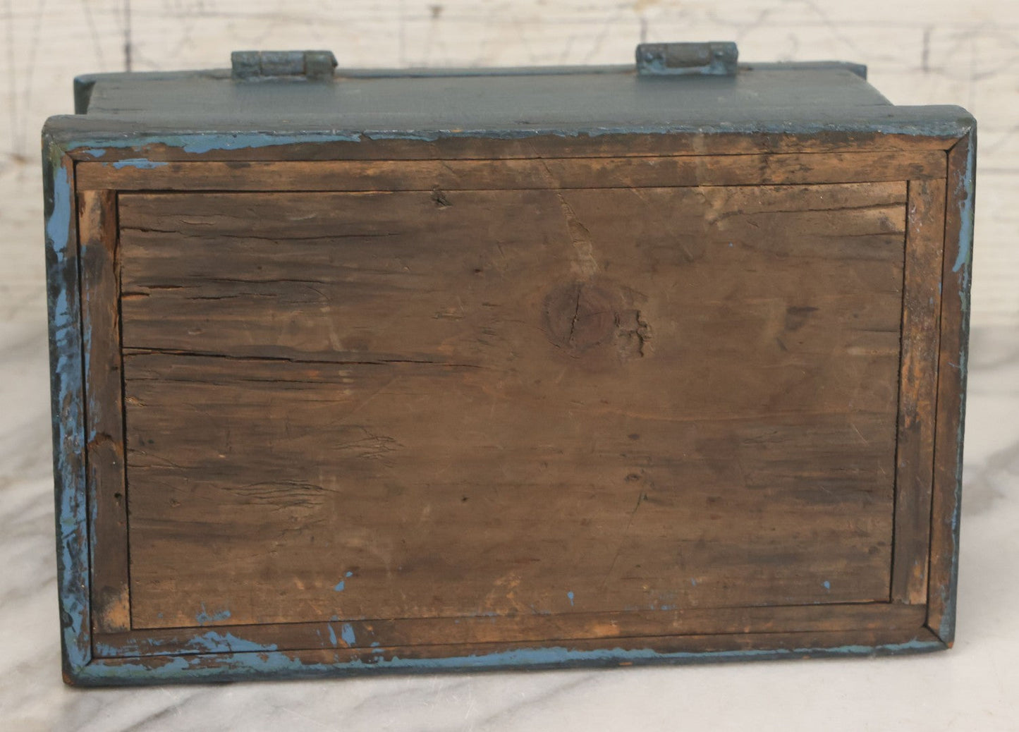 Lot 066 - Antique Small Size Primitive Wooden Storage Box In Old Blue Paint With Hinged Lid, Original Surface