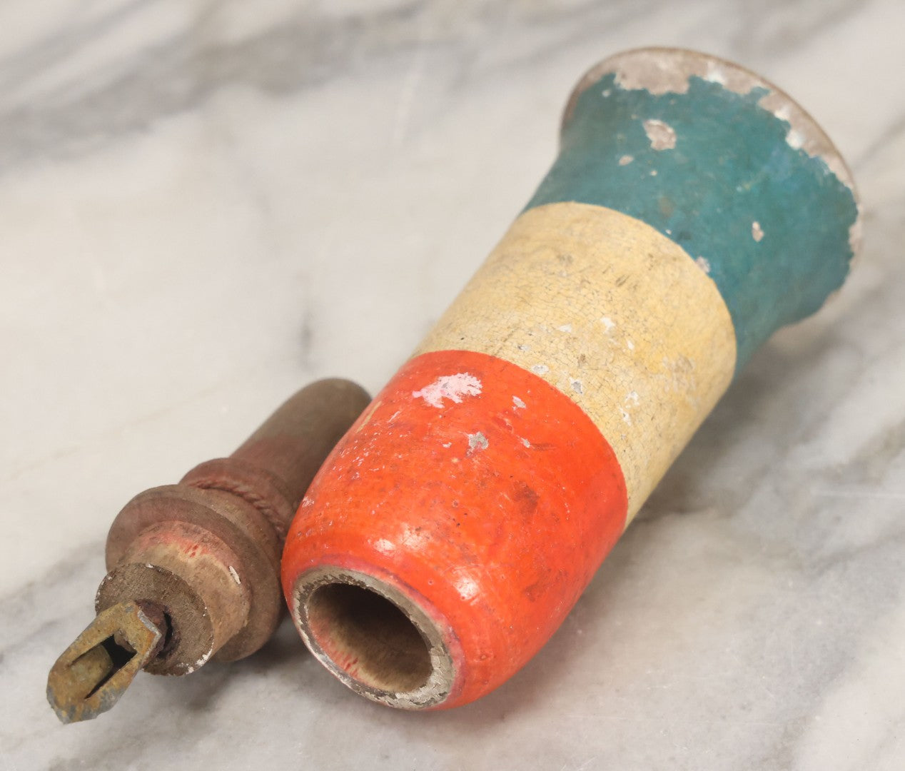 Lot 067 - Antique Red, White, And Blue July 4th Celebration Wooden Toy Whistle, Note Internal Metal Whistle Deteriorated, Does Not Function