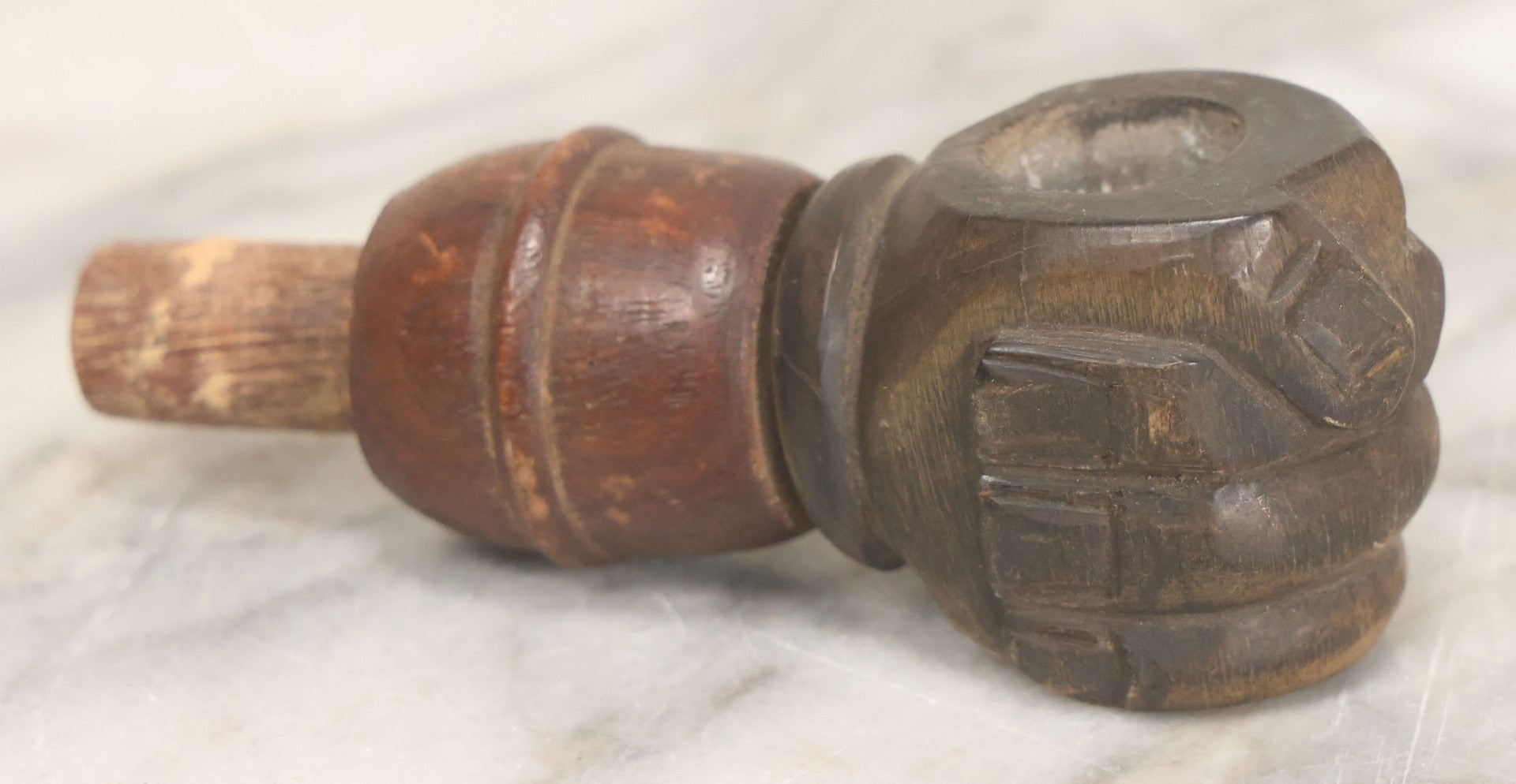 Lot 068 - Antique Wood Carved Fist Candle Holder Furniture Fragment With Dowel, 3-7/8" Length