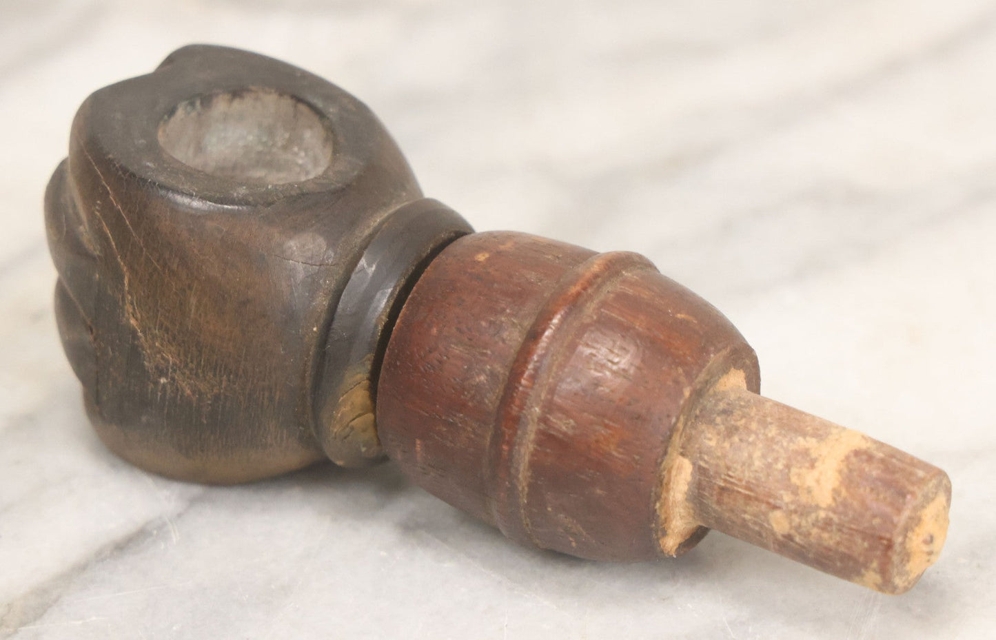 Lot 068 - Antique Wood Carved Fist Candle Holder Furniture Fragment With Dowel, 3-7/8" Length