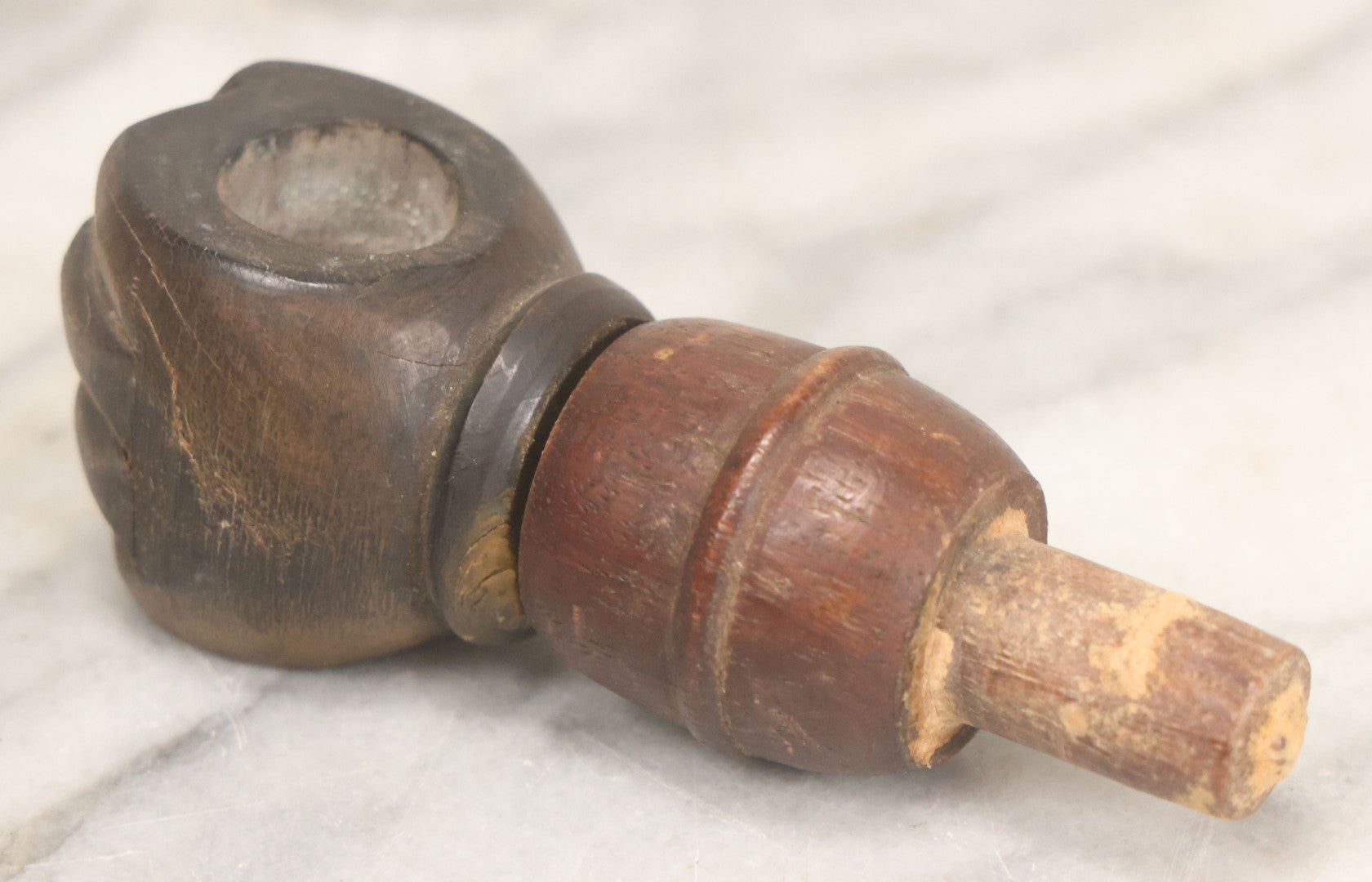 Lot 068 - Antique Wood Carved Fist Candle Holder Furniture Fragment With Dowel, 3-7/8" Length