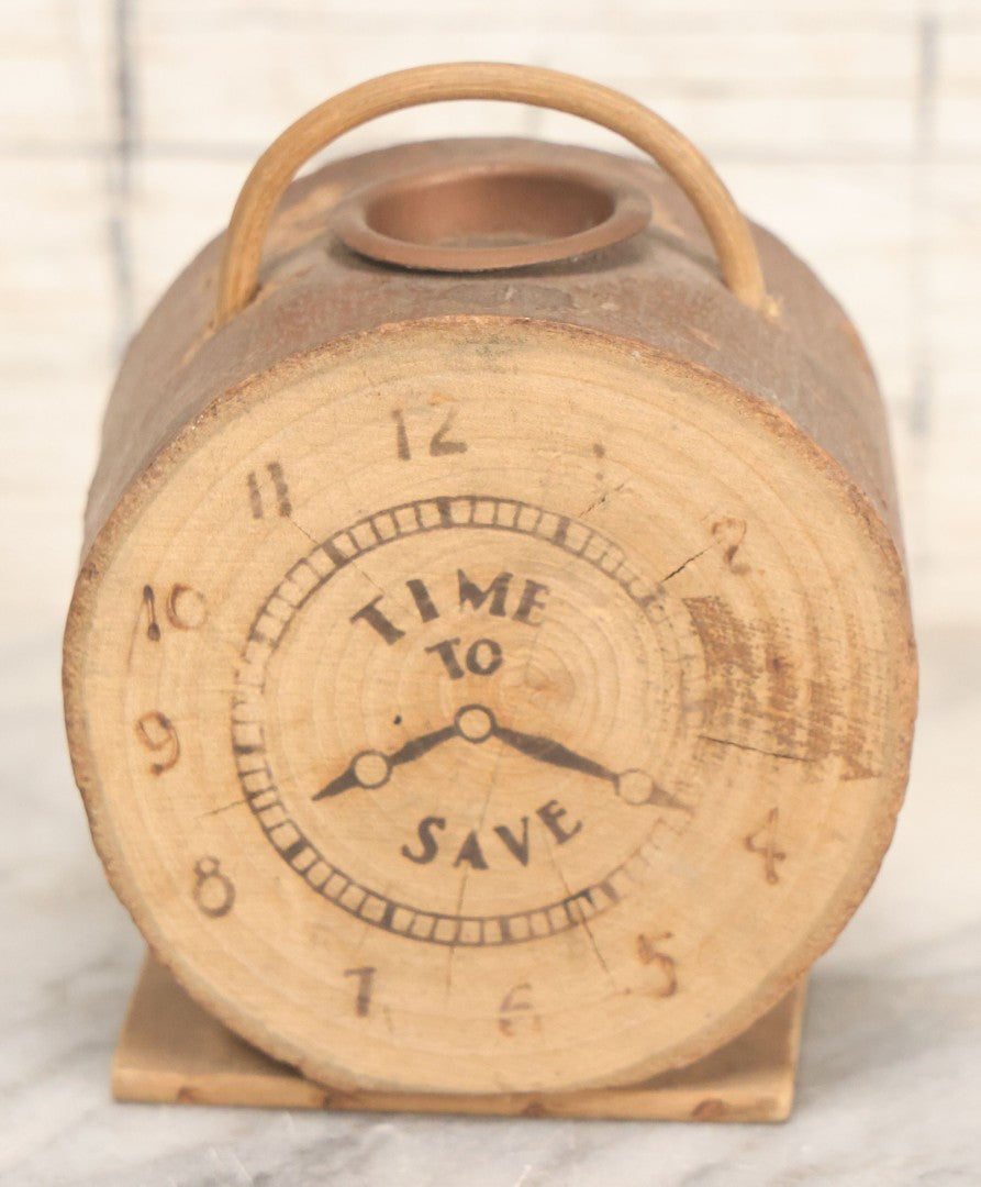 Lot 069 - Antique Wooden Novelty Coin Bank, "Time To Save," Clock Motif, Souvenir Of Concord, Massachusetts, Bottom Signed July 4th, 1911
