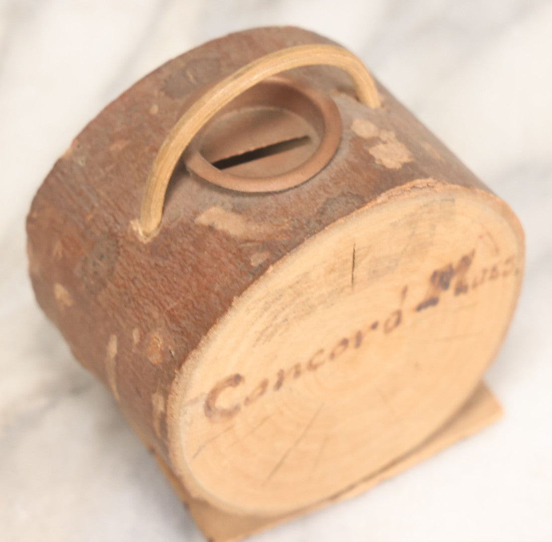 Lot 069 - Antique Wooden Novelty Coin Bank, "Time To Save," Clock Motif, Souvenir Of Concord, Massachusetts, Bottom Signed July 4th, 1911