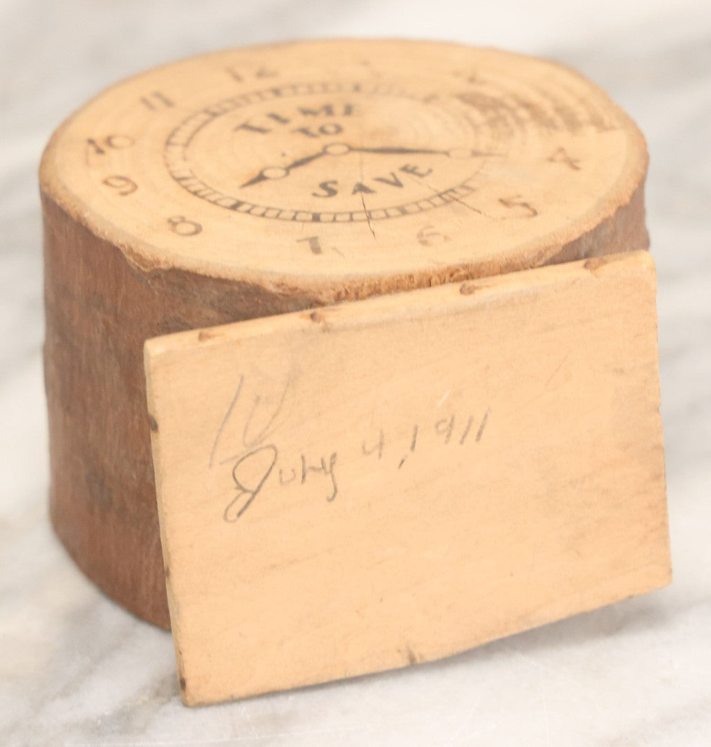 Lot 069 - Antique Wooden Novelty Coin Bank, "Time To Save," Clock Motif, Souvenir Of Concord, Massachusetts, Bottom Signed July 4th, 1911