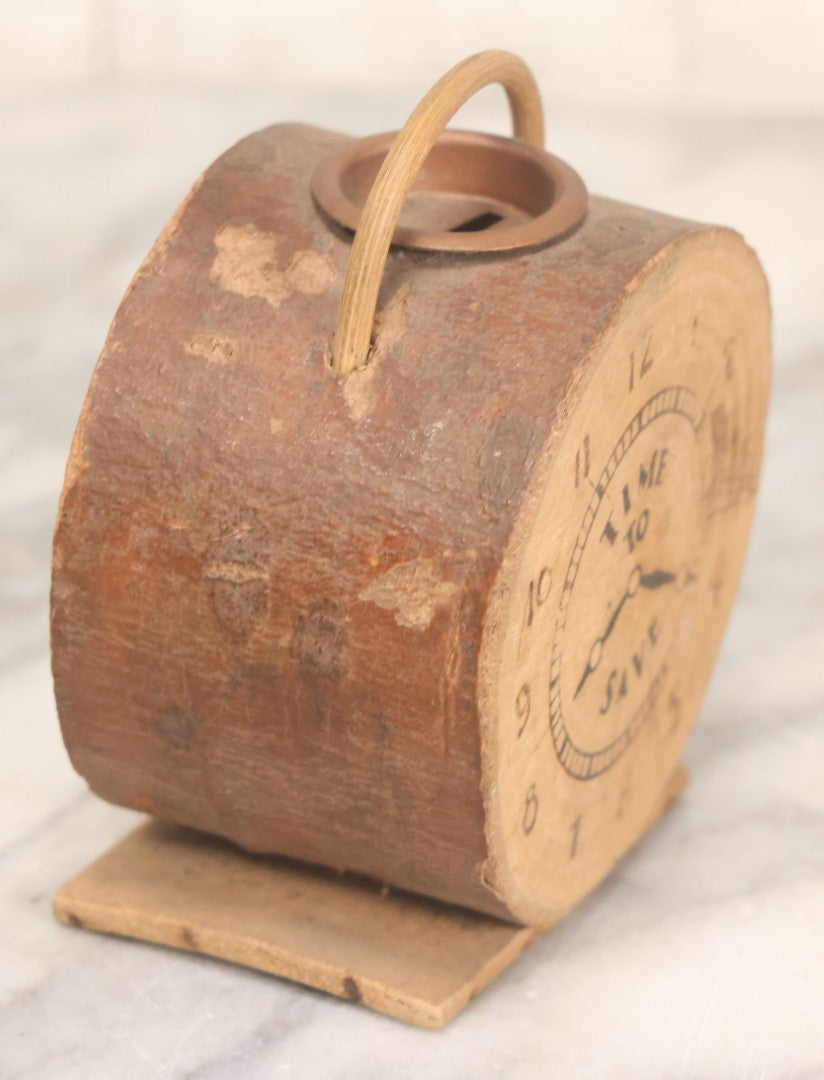 Lot 069 - Antique Wooden Novelty Coin Bank, "Time To Save," Clock Motif, Souvenir Of Concord, Massachusetts, Bottom Signed July 4th, 1911