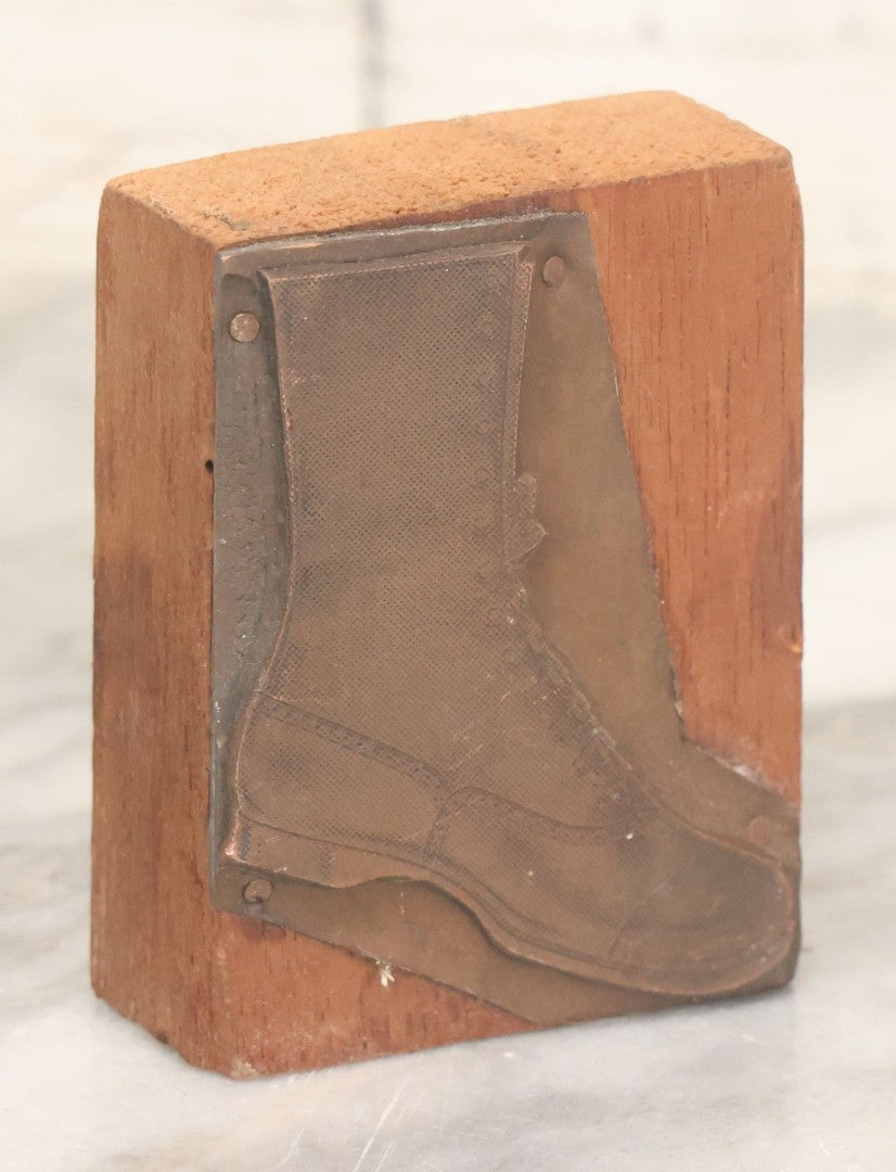 Lot 071 - Antique Advertising Printing Block With An Image Of A Boot Or Shoe, Mounted To Wooden Block