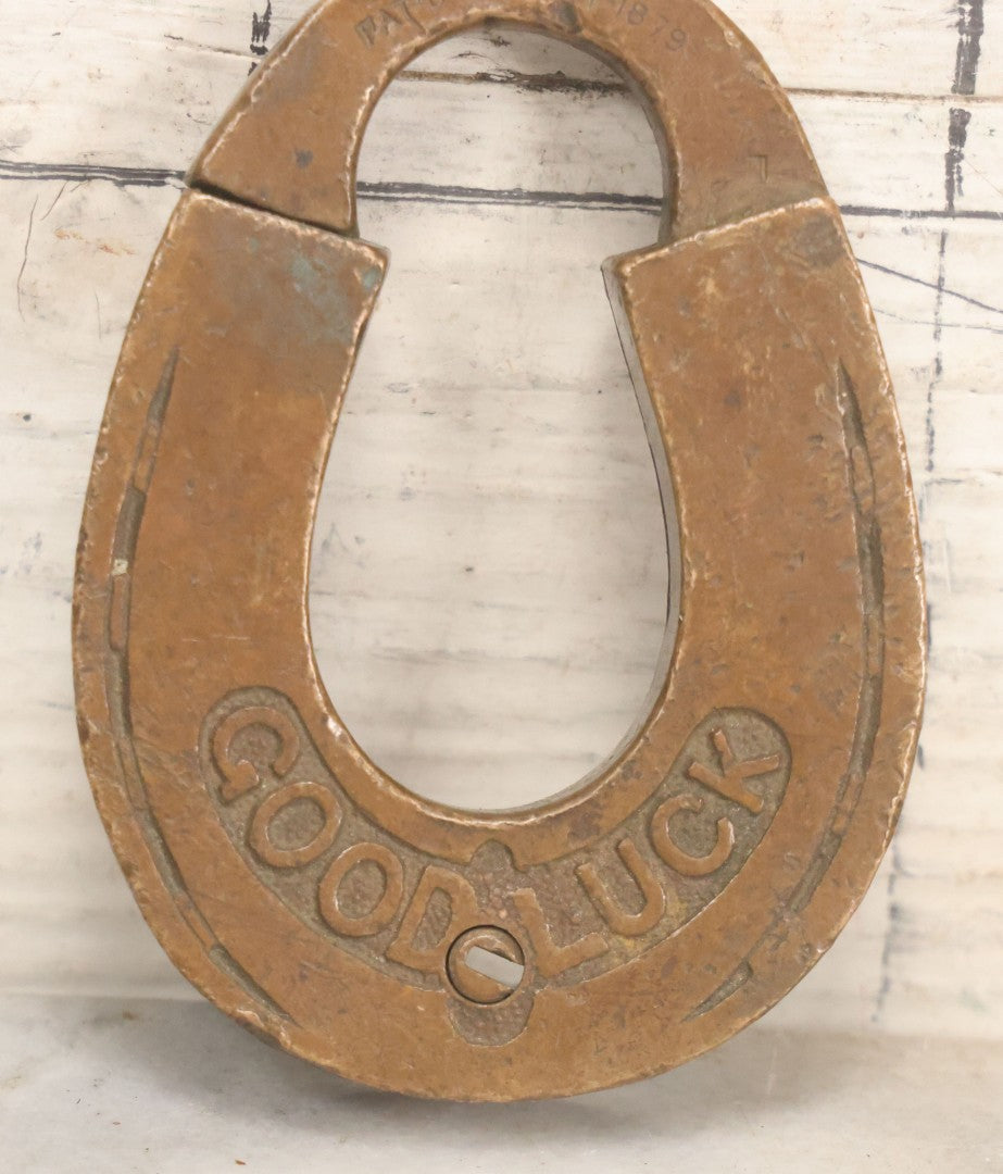 Lot 072 - Antique Brass "Good Luck" Horseshoe Padlock, Barnes Manufacturing Company, Patented June 24, 1879, No Key, As Found