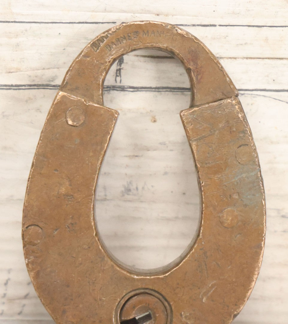 Lot 072 - Antique Brass "Good Luck" Horseshoe Padlock, Barnes Manufacturing Company, Patented June 24, 1879, No Key, As Found