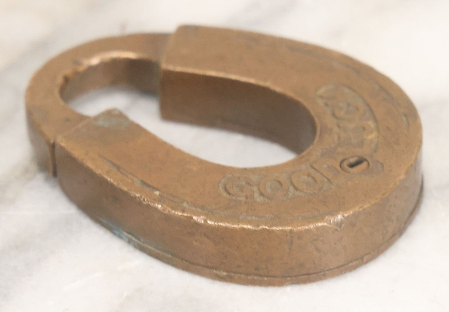 Lot 072 - Antique Brass "Good Luck" Horseshoe Padlock, Barnes Manufacturing Company, Patented June 24, 1879, No Key, As Found