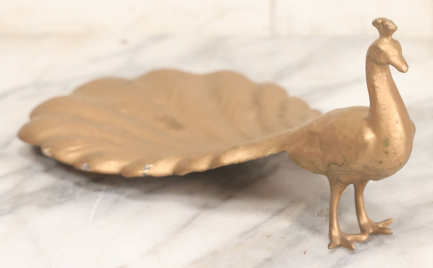 Lot 074 - Vintage Gold Painted Pot Metal Peacock Bird Soap, Trinket, Or Change Tray, Catch All