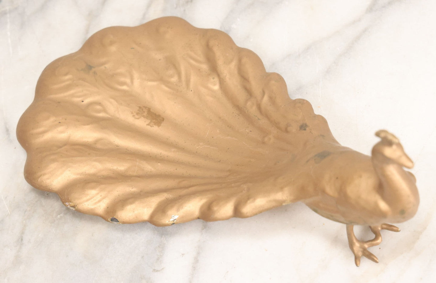 Lot 074 - Vintage Gold Painted Pot Metal Peacock Bird Soap, Trinket, Or Change Tray, Catch All