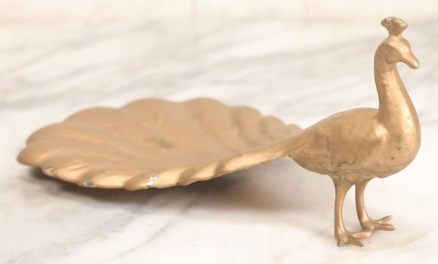 Lot 074 - Vintage Gold Painted Pot Metal Peacock Bird Soap, Trinket, Or Change Tray, Catch All