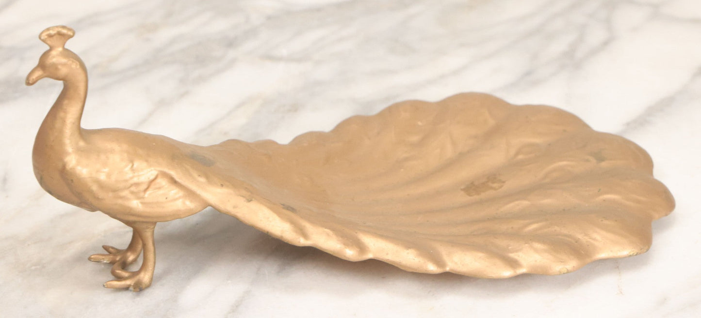 Lot 074 - Vintage Gold Painted Pot Metal Peacock Bird Soap, Trinket, Or Change Tray, Catch All