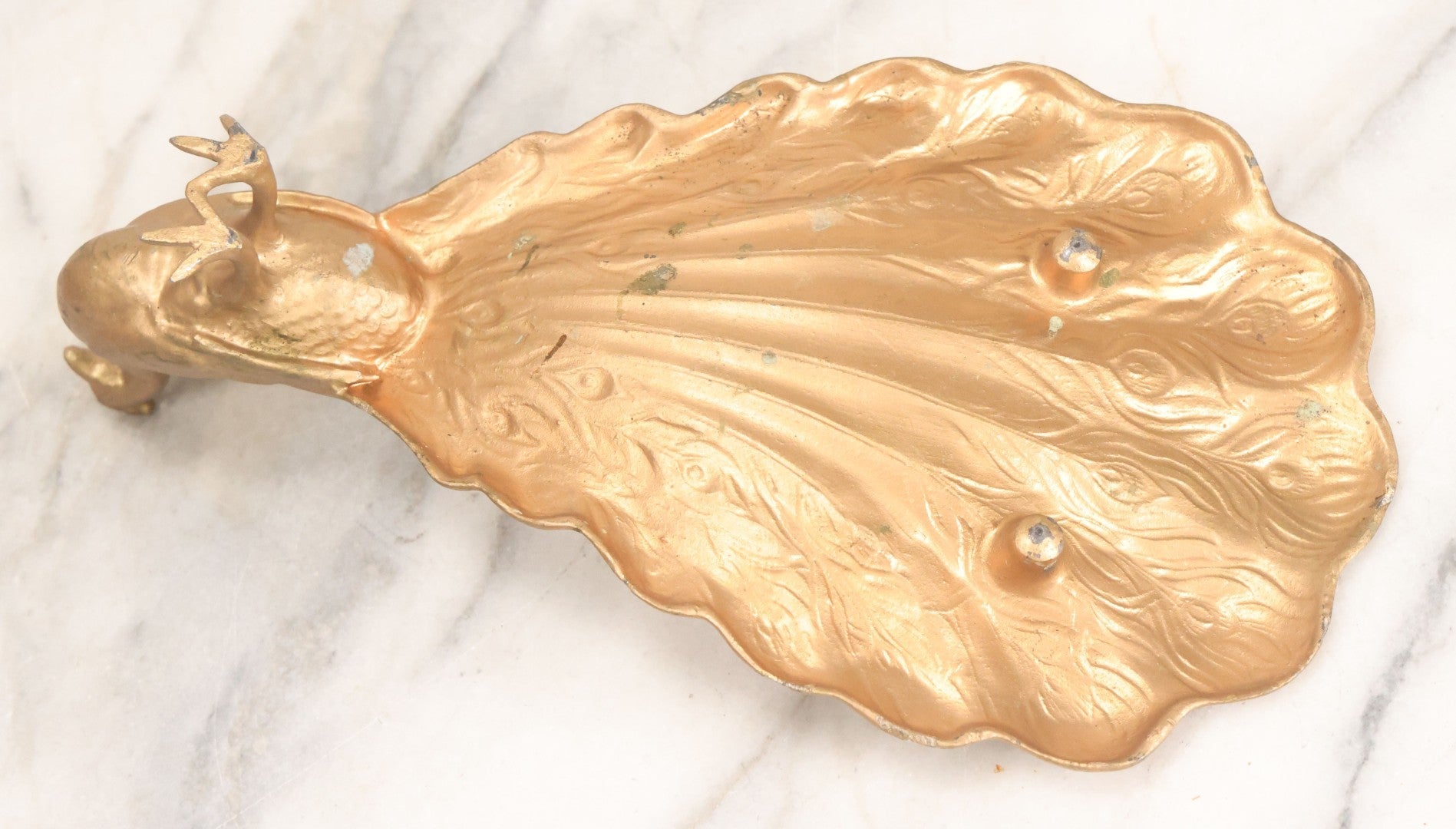 Lot 074 - Vintage Gold Painted Pot Metal Peacock Bird Soap, Trinket, Or Change Tray, Catch All