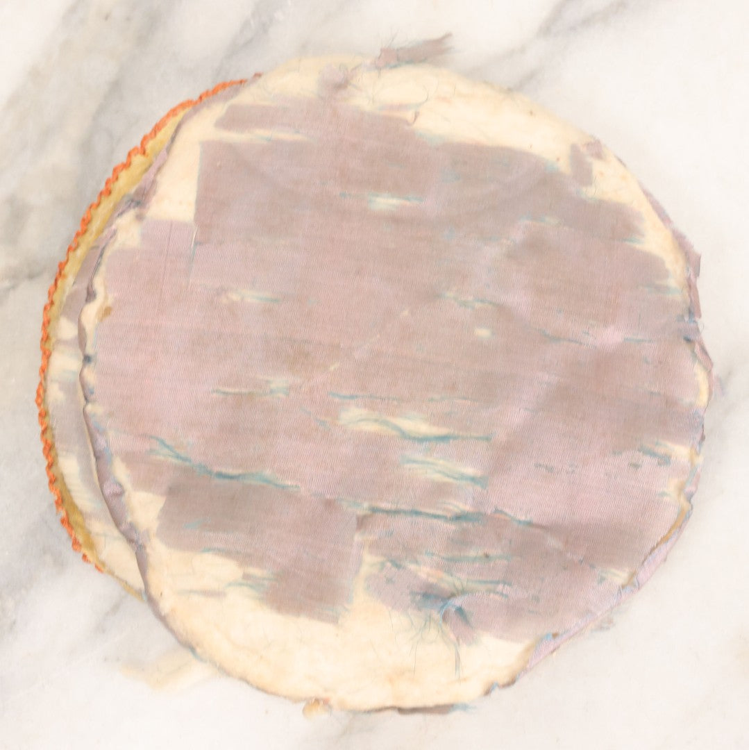 Lot 075 - Antique Novelty Sewing Pillow Pouch With Clown Flapper Girl, Silk Fabric, Circa 1920s, Note Worn, Poor Condition, 6-3/4" Diameter