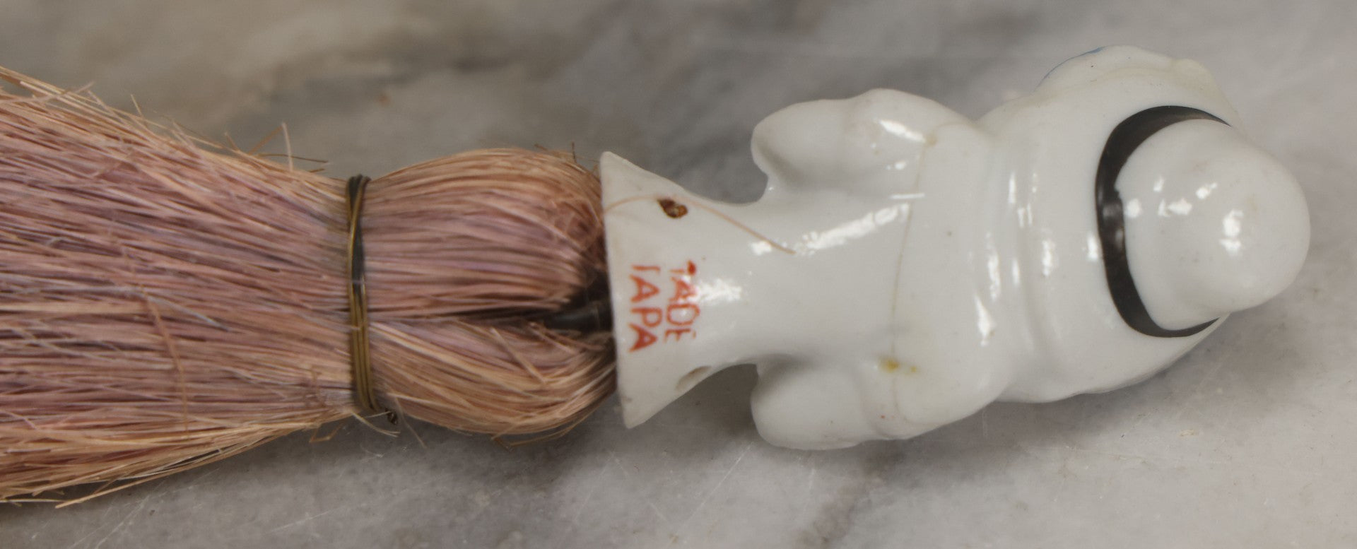 Lot 078 - Vintage Porcelain Lady With Blue Hat, Green Bow, Straw Dresser Brush, Made In Japan, Note Crack, Repair, 5-1/2" Length