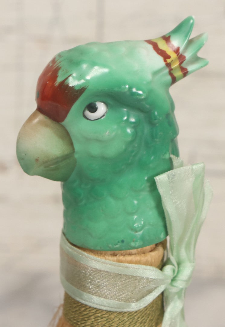Lot 079 - Vintage Green Painted Porcelain Parrot Head Straw Dresser Brush With Green Ribbon, Made In Japan, 7-1/2" Length