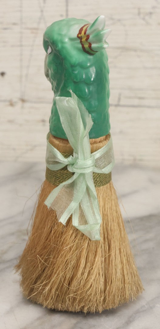 Lot 079 - Vintage Green Painted Porcelain Parrot Head Straw Dresser Brush With Green Ribbon, Made In Japan, 7-1/2" Length