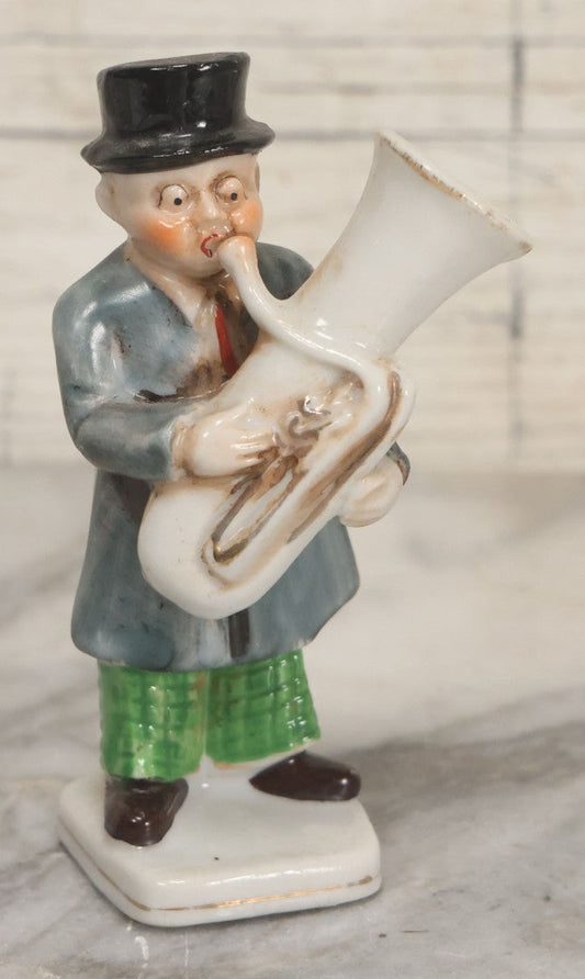 Lot 081 - Vintage Novelty Painted Bud Vase With Musician Caricature With Bulging Eyes Playing Baritone Horn, Marked Made In Occupied Japan, 4-1/4" Height