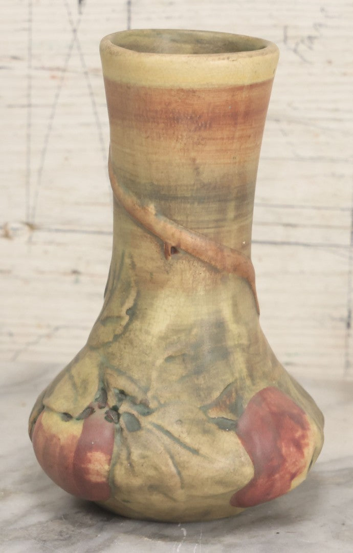 Lot 082 - Antique Weller Baldin Art Pottery Apple Vase, Green And Red Paint, 6" Height