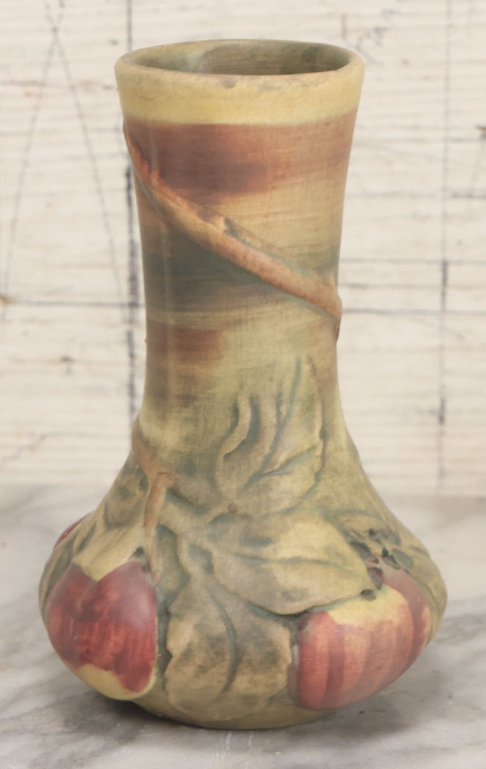 Lot 082 - Antique Weller Baldin Art Pottery Apple Vase, Green And Red Paint, 6" Height