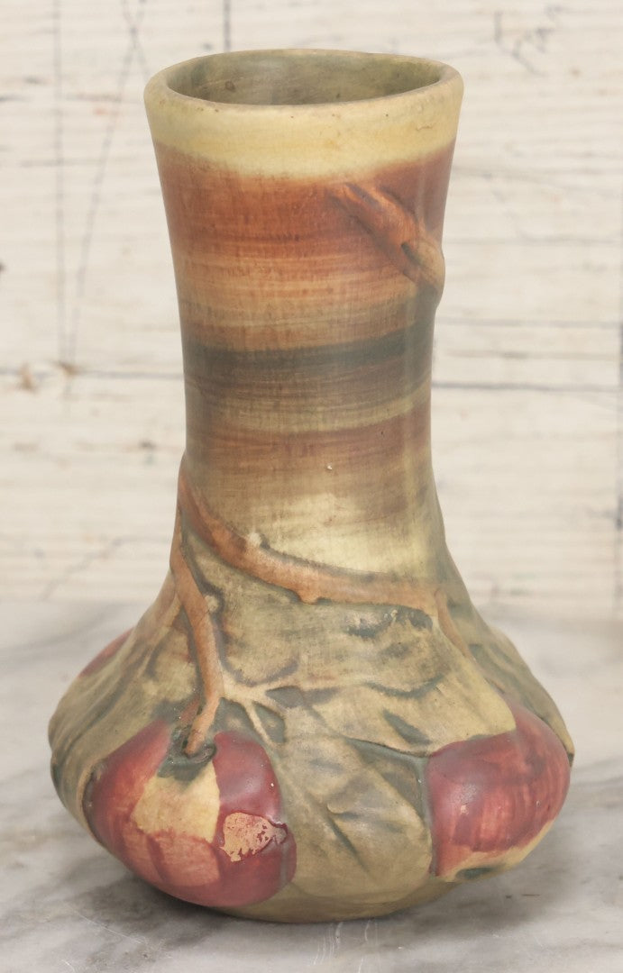 Lot 082 - Antique Weller Baldin Art Pottery Apple Vase, Green And Red Paint, 6" Height