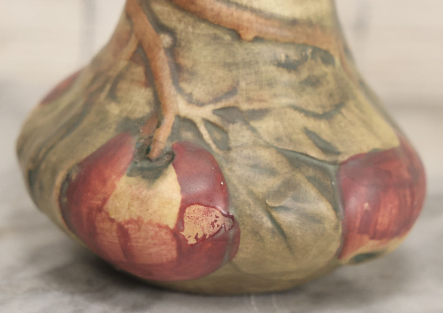 Lot 082 - Antique Weller Baldin Art Pottery Apple Vase, Green And Red Paint, 6" Height