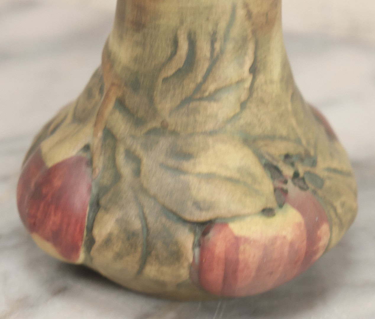 Lot 082 - Antique Weller Baldin Art Pottery Apple Vase, Green And Red Paint, 6" Height