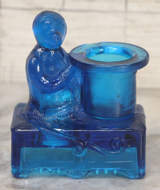 Lot 083 - Antique Molded Blue Glass Toothpick Holder With Magician Monkey Posing With Top Hat, Note Chip To Hat Rim