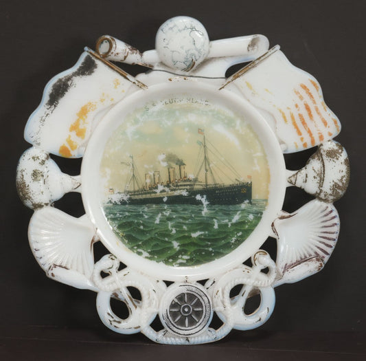 Lot 085 - Antique Milk Glass Collectible Souvenir Plate From The S.S. Deutschland, German Ocean Liner, Hamburg America Line (H.A.P.A.G.), With Lithographed Depiction Of Ship, Remnants Of Original Paint, Note Small Crack, 7-3/8" Diameter
