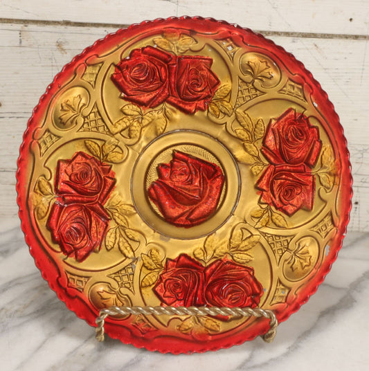 Lot 086 - Antique Reverse Painted Goofus Glass Rose Pattern Plate With Red And Gold Paint, 10-1/2" Diameter