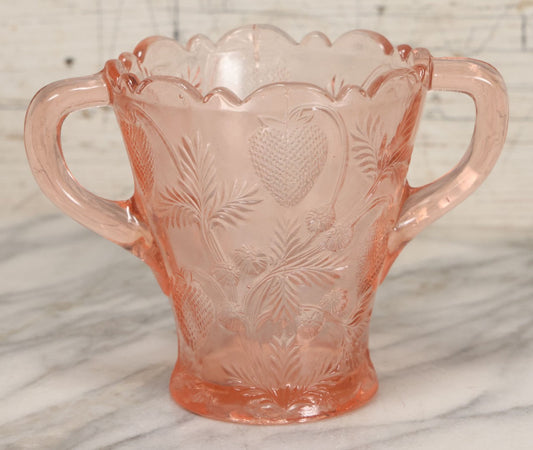 Lot 087 - Antique Pink Depression Glass Two Handled Vase Or Serving Vessel With Pressed Strawberries Pattern, 5" Height