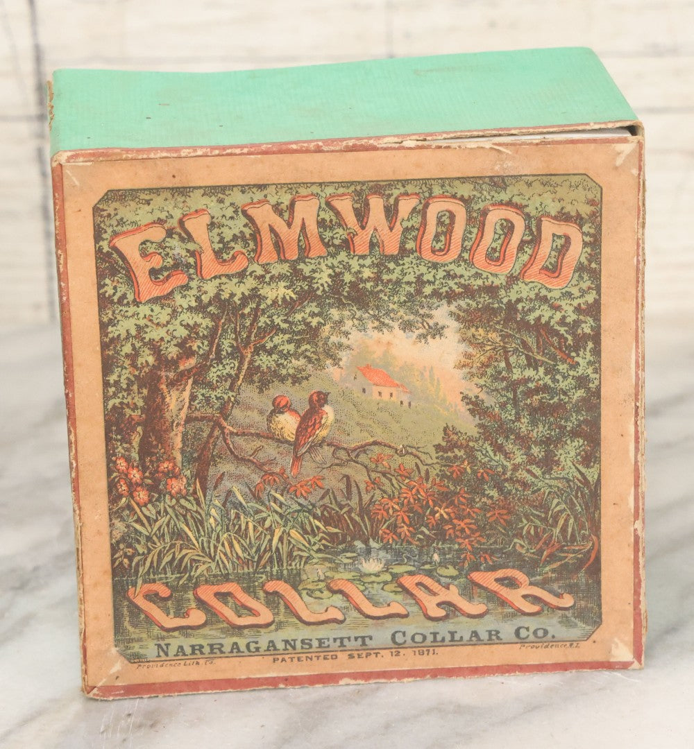 Lot 104 - Antique Paper Board Collar Box For "The Elmwood Collar," Manufactured By Narragansett Collar Co., With Paper Label With Birds, Country Scene, Lithographed By Providence Lithography Co., Providence, Rhode Island, Patented September 12, 1871