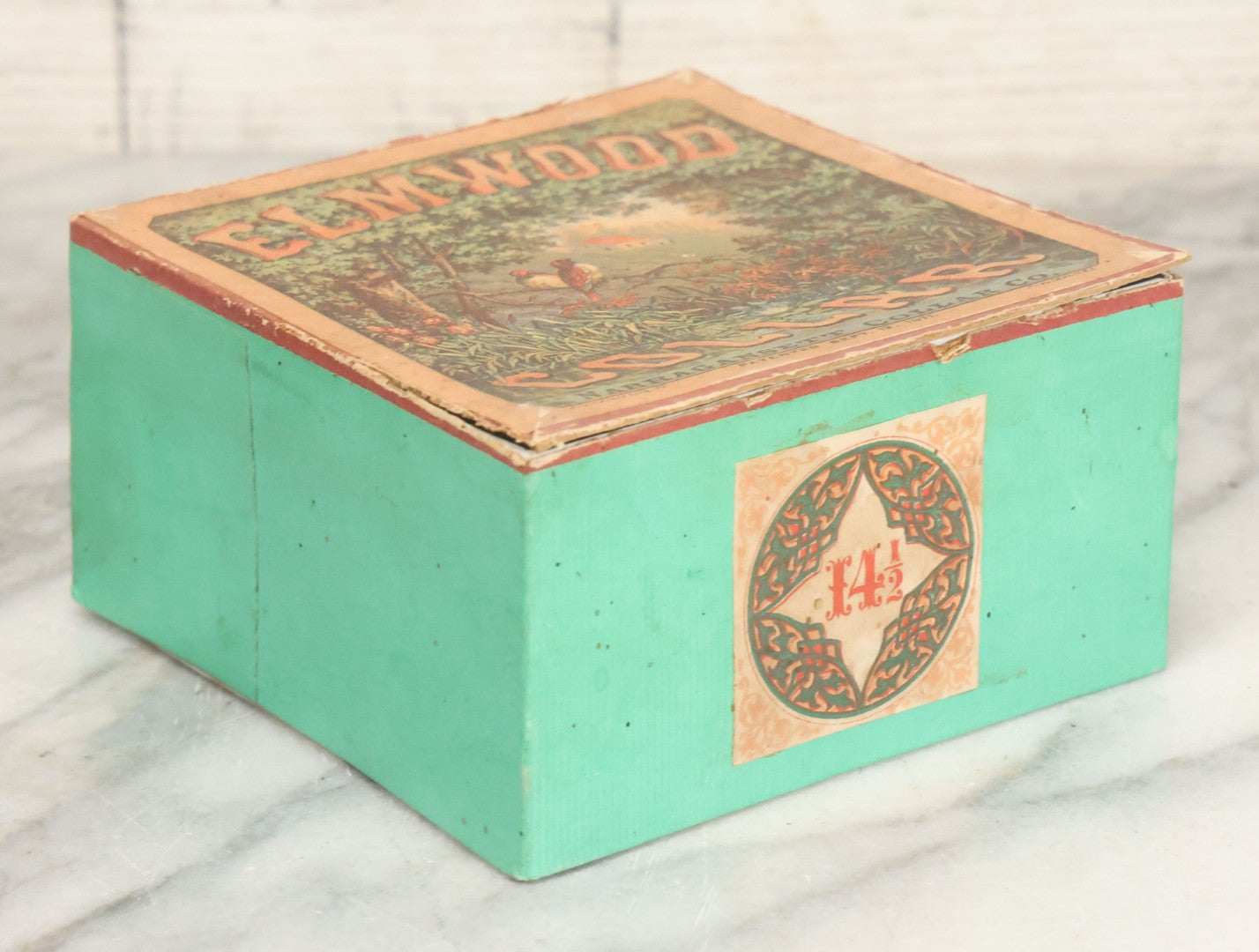 Lot 104 - Antique Paper Board Collar Box For "The Elmwood Collar," Manufactured By Narragansett Collar Co., With Paper Label With Birds, Country Scene, Lithographed By Providence Lithography Co., Providence, Rhode Island, Patented September 12, 1871