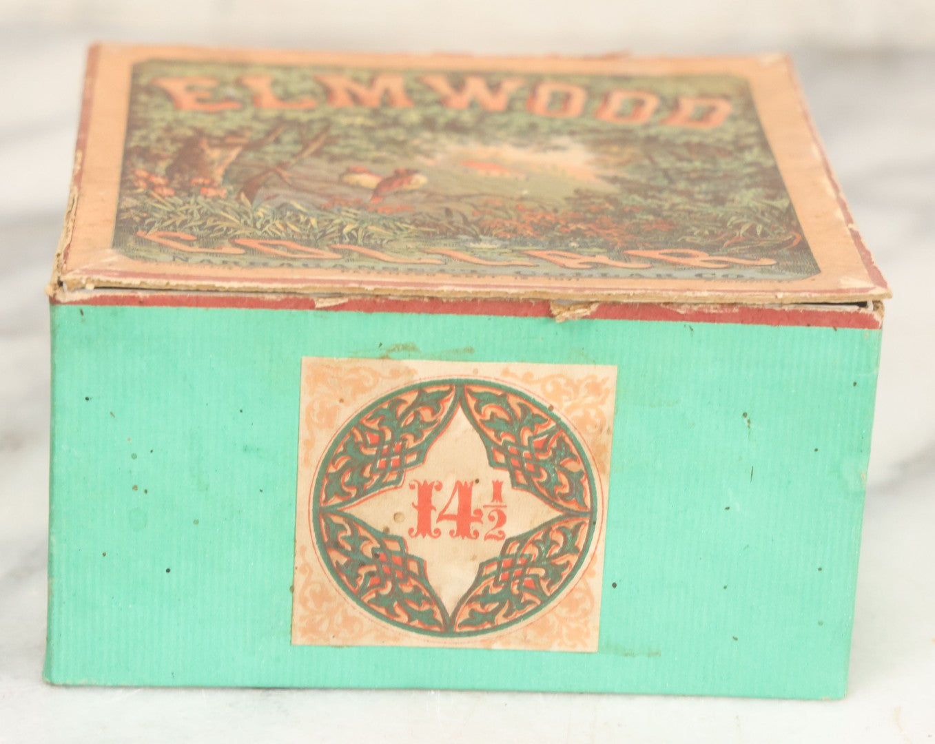 Lot 104 - Antique Paper Board Collar Box For "The Elmwood Collar," Manufactured By Narragansett Collar Co., With Paper Label With Birds, Country Scene, Lithographed By Providence Lithography Co., Providence, Rhode Island, Patented September 12, 1871