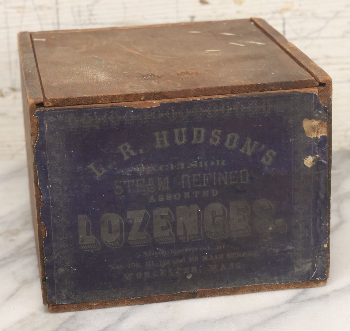 Lot 107 - Antique Wooden Candy Box For L.R. Hudson's Excelsior Steam Refined Assorted Lozenges, Manufactured At Factories In Worcester, Massachusetts, With Lithographed Exterior Label, Slide Out Lid