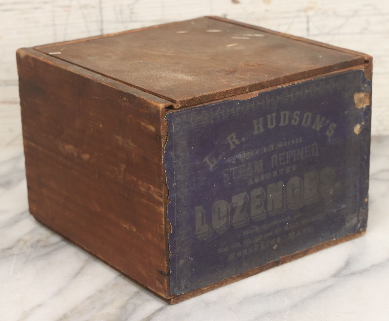 Lot 107 - Antique Wooden Candy Box For L.R. Hudson's Excelsior Steam Refined Assorted Lozenges, Manufactured At Factories In Worcester, Massachusetts, With Lithographed Exterior Label, Slide Out Lid