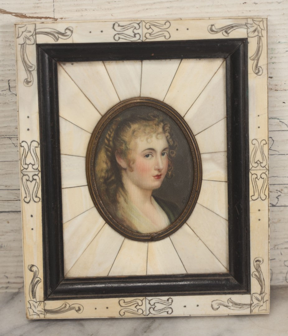 Lot 002 - Antique Continental European Miniature Cameo Painting Of Blond Woman With Blue Eyes In Period Bone Veneer Frame With Latin Text Paper Backing, Artist Signed Fr. Xaver, 5-3/4" x 7"