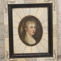 Lot 002 - Antique Continental European Miniature Cameo Painting Of Blond Woman With Blue Eyes In Period Bone Veneer Frame With Latin Text Paper Backing, Artist Signed Fr. Xaver, 5-3/4" x 7"