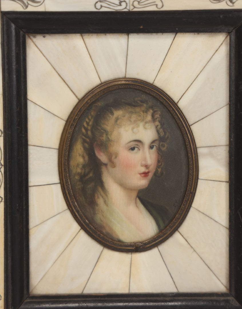 Lot 002 - Antique Continental European Miniature Cameo Painting Of Blond Woman With Blue Eyes In Period Bone Veneer Frame With Latin Text Paper Backing, Artist Signed Fr. Xaver, 5-3/4" x 7"