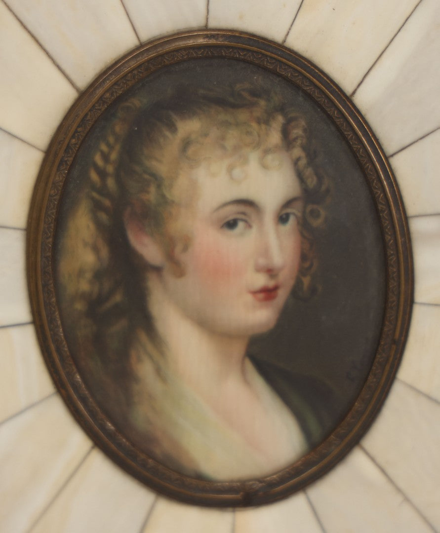 Lot 002 - Antique Continental European Miniature Cameo Painting Of Blond Woman With Blue Eyes In Period Bone Veneer Frame With Latin Text Paper Backing, Artist Signed Fr. Xaver, 5-3/4" x 7"