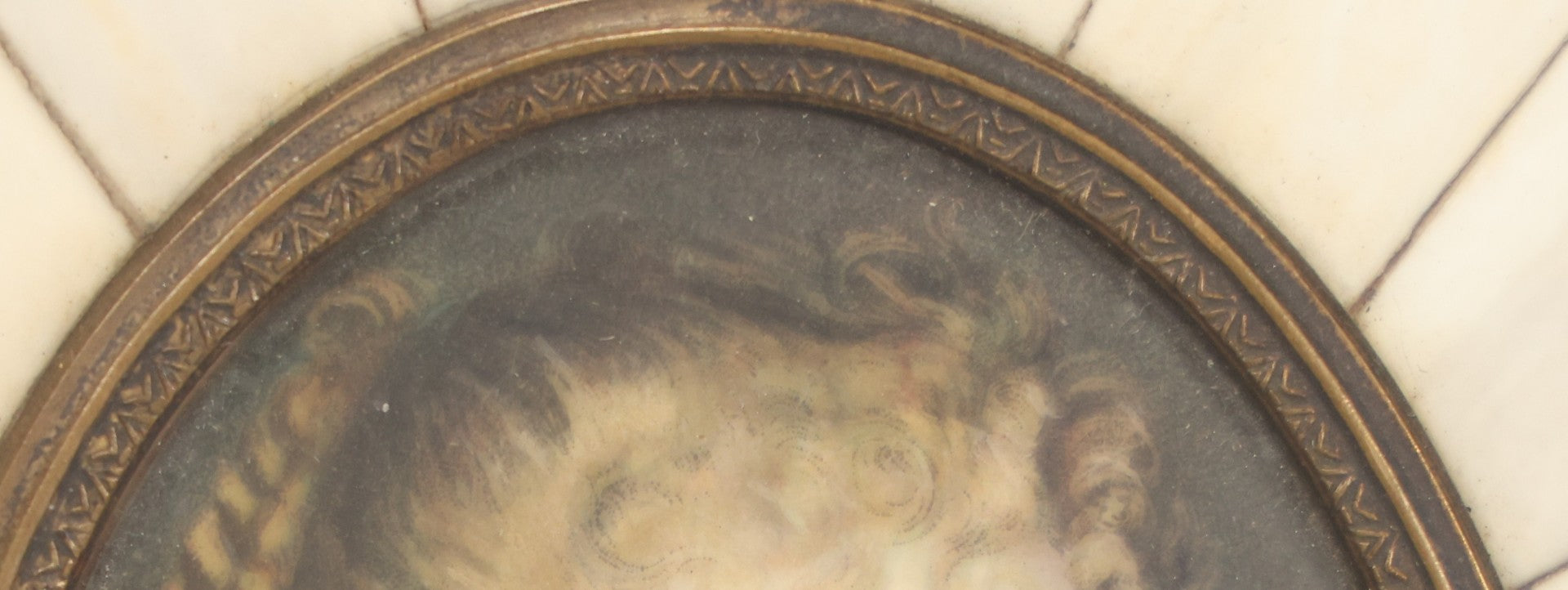 Lot 002 - Antique Continental European Miniature Cameo Painting Of Blond Woman With Blue Eyes In Period Bone Veneer Frame With Latin Text Paper Backing, Artist Signed Fr. Xaver, 5-3/4" x 7"